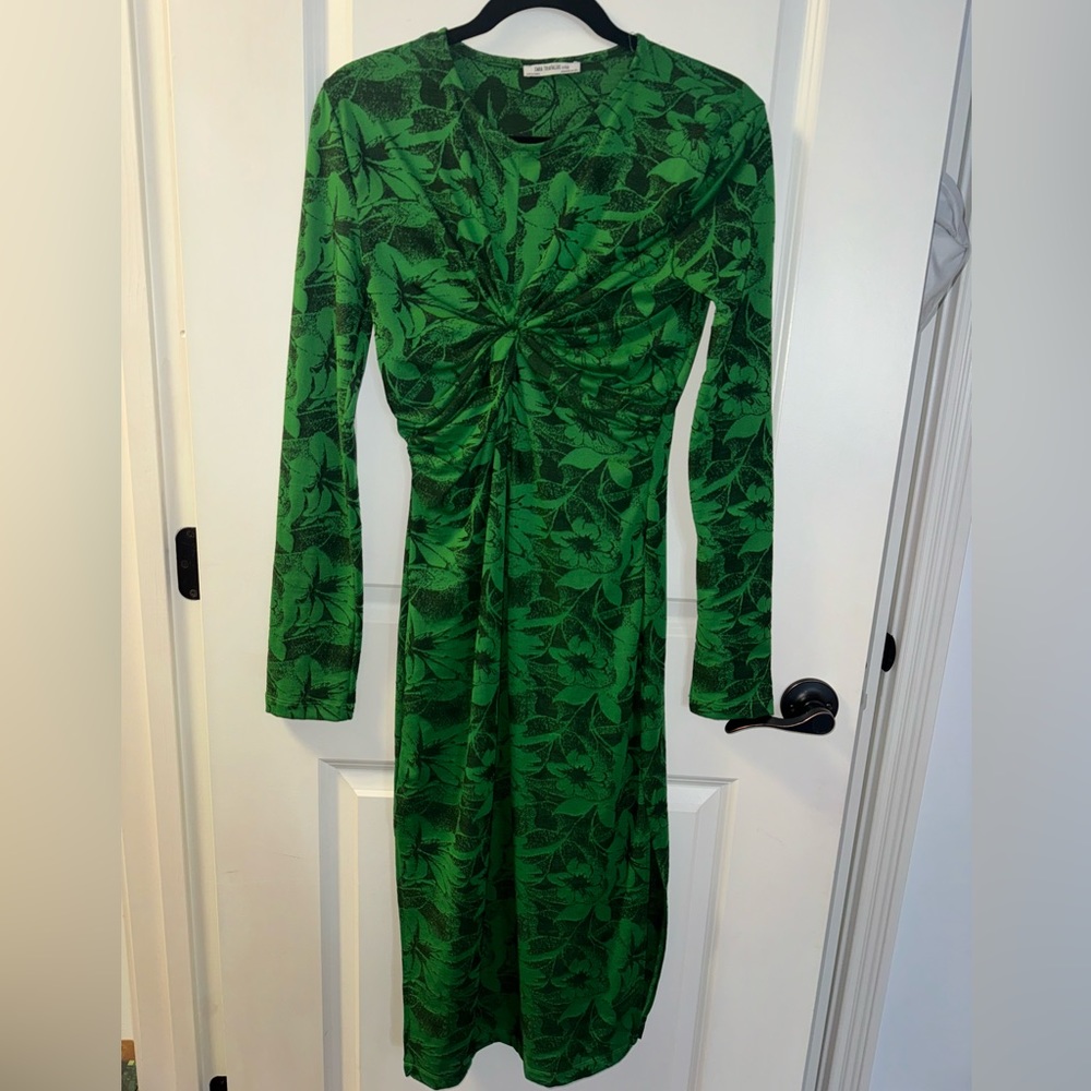 ZARA Fitted, Green Floral Patterned, Long Sleeve Midi Dress
